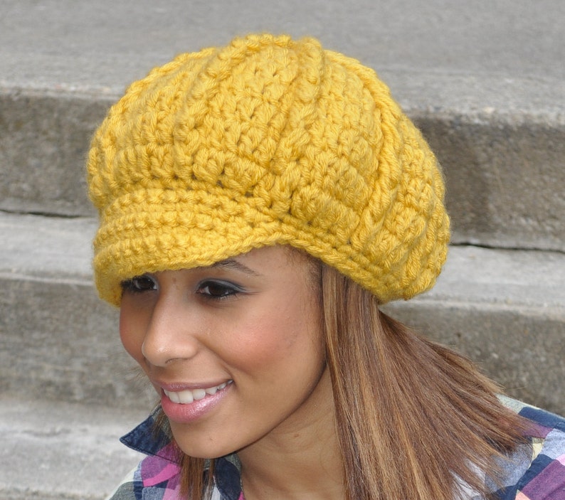 Crocheted Newsboy Hat Mustard Yellow Hat Winter Etsy