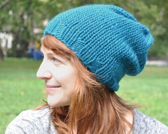 Teal Blue Knit Hat - Wool Ribbed Knit Slouch Hat - Unisex