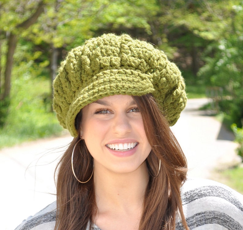 Women's Crochet Newsboy Hat With Brim Olive Green Hat Etsy