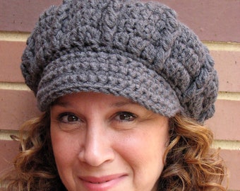 Charcoal Gray Crochet Newsboy Hat - Gray Crochet Hat with Brim for Women - Autumn Women's Accessories - Women's Hat -