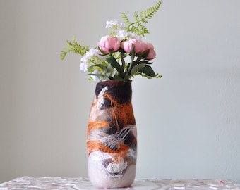 Brown and Orange Wet Felted Glass Vase made from Starbucks bottle - Repurposed, Upcycled, Merino Wool and Glass Jar - One of a kind