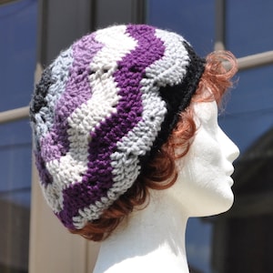 Purple, Gray and Black Ripple Crochet Hat - Lightweight Beret - Chevron Hat - Women&#39;s Hat - Purple Hat
