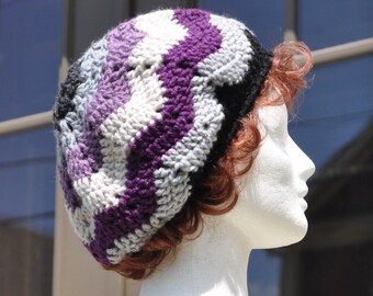 Purple, Gray and Black Ripple Crochet Hat - Lightweight Beret - Chevron Hat - Women's Hat - Purple Hat