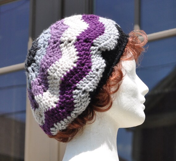 Purple, Gray and Black Ripple Crochet Hat Lightweight Beret