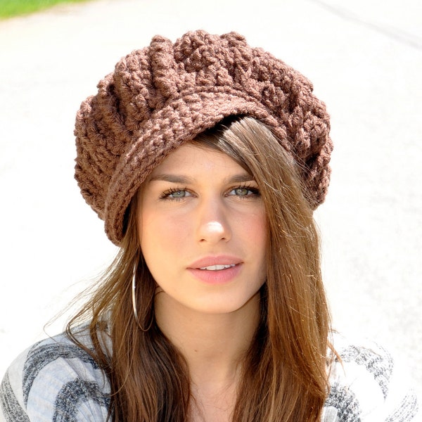 Brown Newsboy Hat - Women's Winter Accessories - Chocolate Brown Hat - Crochet Hat with Brim  - Adult Hat - Women's Hat