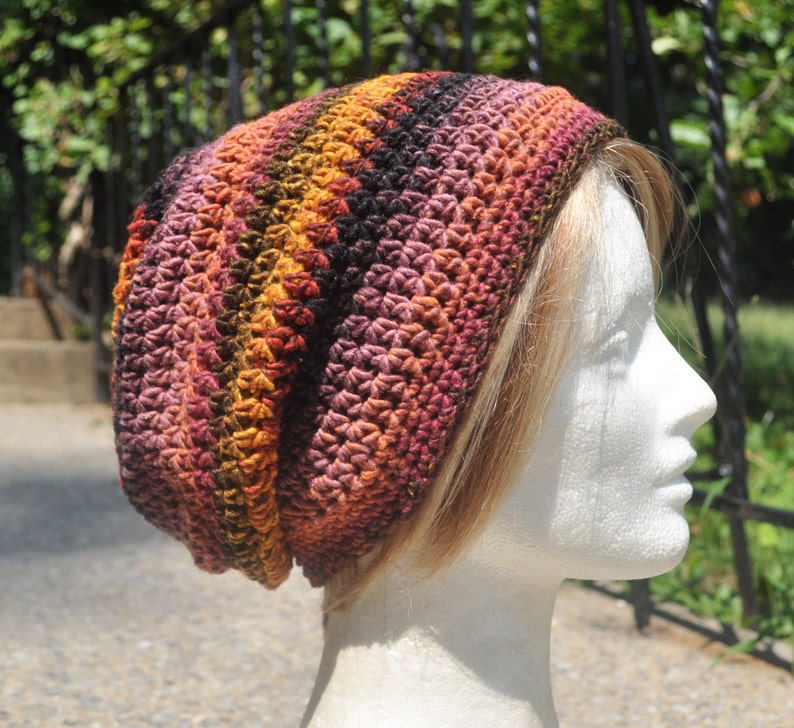 Crochet Slouchy Hat Unisex Crochet Hat Loose Fitting Unisex Multicolored Skullcap Striped Beanie Hat image 5