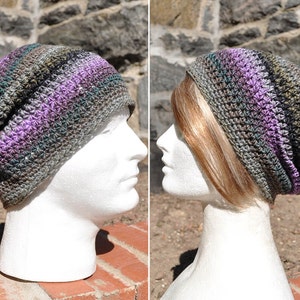Crochet Slouchy Hat - Crochet Beanie Hat - Grey and Lavender Multicolored Skullcap - Unisex Hat - Man&#39;s Hat - Woman&#39;s Hat