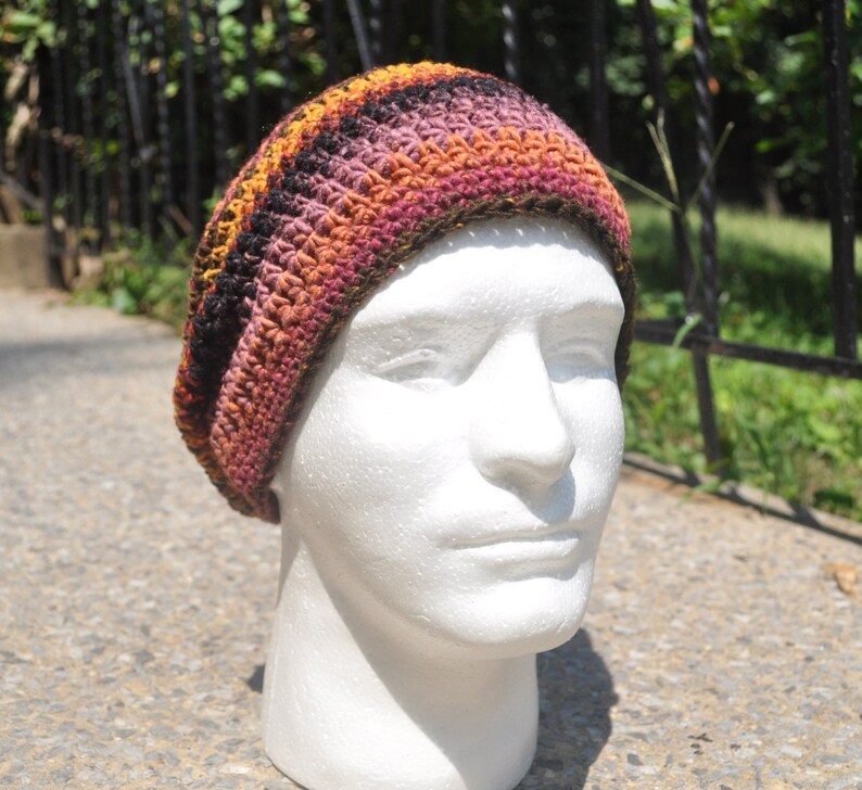 Crochet Slouchy Hat Unisex Crochet Hat Loose Fitting Unisex Multicolored Skullcap Striped Beanie Hat image 3
