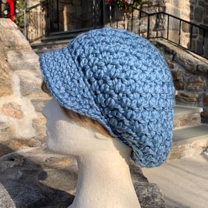 Blue Slouchy Hat, Women's Newsboy Hat, Crocheted Hat, Brimmed Hat in Wool Acrylic Blend Ready to ship image 4