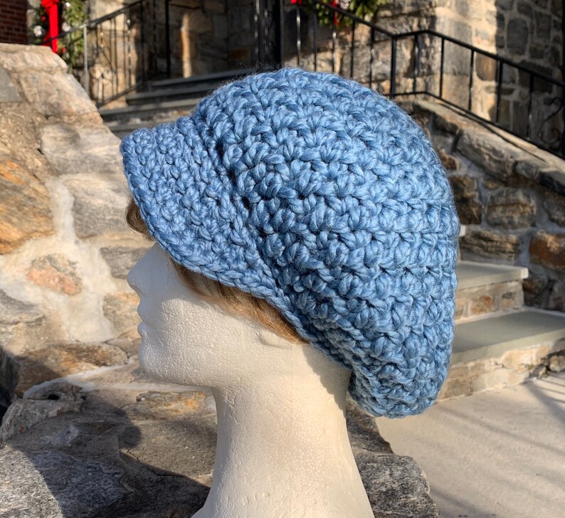 Blue Slouchy Hat, Women's Newsboy Hat, Crocheted Hat, Brimmed Hat in Wool Acrylic Blend Ready to ship image 4