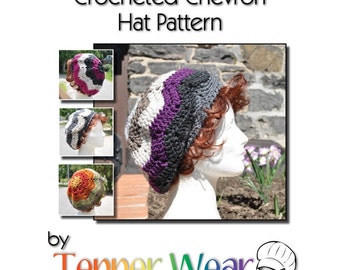 Crochet Hat Pattern - Ripple Chevron Hat - Slouchy Beret Multicolored Instant Download