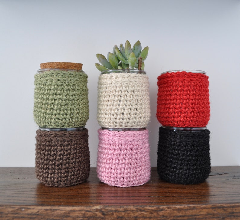 Glass Jar with Jute Twine Crochet Cozy Bathroom Accessory Farmhouse decor Housewarming Gift Upcycled Ecofriendly Q-Tips Succulents image 2