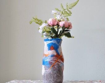 Wet Felted Blue, Orange and Gray Glass Vase made from Starbucks bottle - Repurposed, Upcycled, Merino Wool and Glass Jar - One of a kind