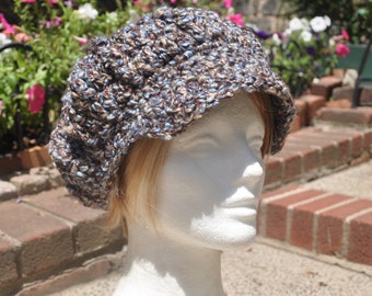 Crochet Newsboy Hat - Brown and Blue Newsboy Cap With Brim - Autumn and Winter Accessories for Women