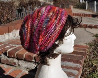 Multicolored Knit Hat - Wool Ribbed Slouchy Knit Hat - Women's hat Baby Alpaca - Adult Hat