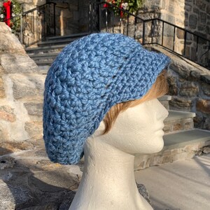 Blue Slouchy Hat, Women's Newsboy Hat, Crocheted Hat, Brimmed Hat in Wool Acrylic Blend Ready to ship image 1