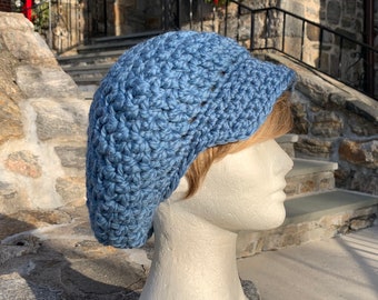 Blue Slouchy Hat, Women's Newsboy Hat, Crocheted Hat, Brimmed Hat in Wool Acrylic Blend - Ready to ship