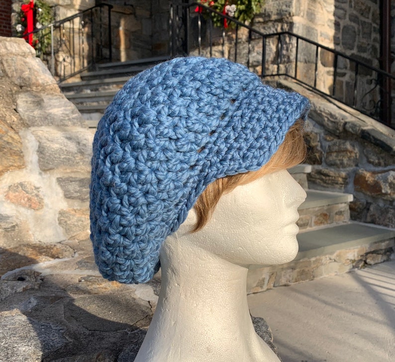 Blue Slouchy Hat, Women's Newsboy Hat, Crocheted Hat, Brimmed Hat in Wool Acrylic Blend Ready to ship image 1