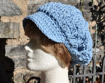Crocheted Newsboy Hat - Medium light blue Cotton Crochet Hat - Summer Accessories