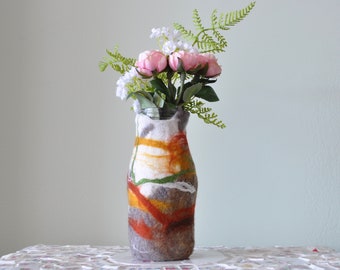 Wet Felted Glass Vase made from Starbucks bottle - Repurposed, Upcycled, Merino Wool and Glass Jar - One of a kind