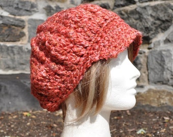 Newsboy Hat in Red - Crocheted Hat for Winter