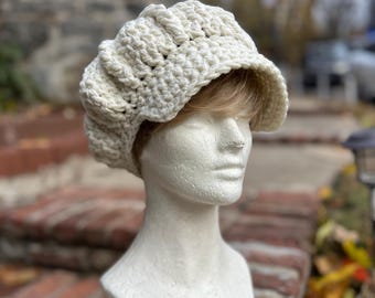 Off-White Newsboy Hat - Crochet Hat with Brim - White Hat - Winter Hat for Women - Winter White Brimmed Hat