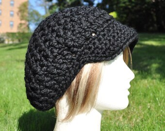 Black Newsboy Hat crocheted with Brim - Winter Accessories - Hat for Women - Wool/ Acrylic blend