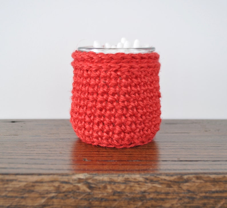 Glass Jar with Jute Twine Crochet Cozy Bathroom Accessory Farmhouse decor Housewarming Gift Upcycled Ecofriendly Q-Tips Succulents Red