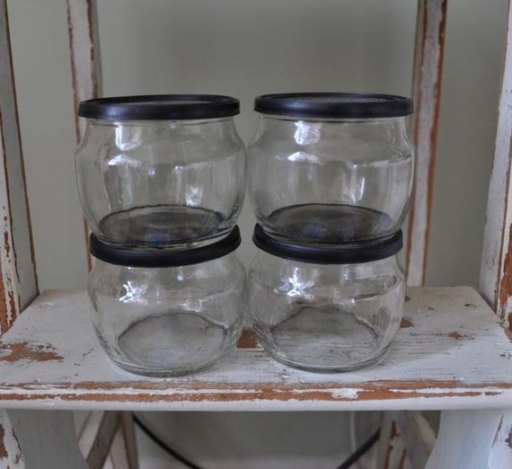 4 Glass Yogurt Jars With Black Plastic Lids Great for Homemade