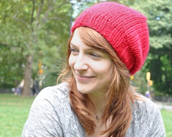 Cherry Red Knit Hat Women Men - Wool Ribbed Slouchy Knit Hat Red Hat - Unisex Hat Slouchy Beanie