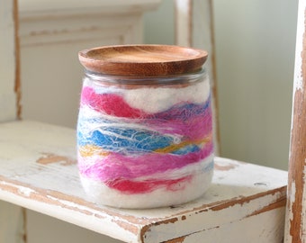 Wet Felted Glass Yogurt Jar w/ Cork Stopper or Wooden Lid - Repurposed, Upcycled, Wool and Glass Jar - OOAK stash jar or planter
