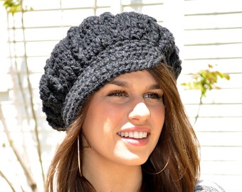 As Seen on Harry!  Crochet Newsboy Hat - Dark Grey Women's Hat with Brim - Women's Crochet Hat - Gray Hat