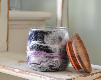 Wet Felted Glass Yogurt Jar w/ Cork Stopper or Wooden Lid - Repurposed, Upcycled, Merino Wool and Glass Jar - OOAK stash jar or planter