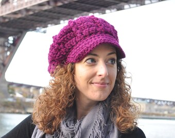 Wine Crocheted Newsboy Hat - Women's Accessories - Crochet Hat with Brim- Radiant Orchid