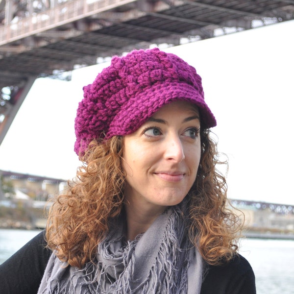 Wine Crocheted Newsboy Hat - Women's Accessories - Crochet Hat with Brim- Radiant Orchid