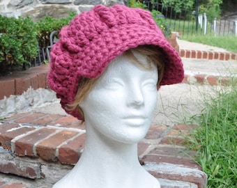 Dark Pink Newsboy Hat - Crocheted Hat in Wool Acrylic Blend - Women's cap with Brim - Chunky Knits - Winter Accessories