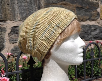 Wool Knit Slouchy Hat - Pale Yellow and Blue Knit Hat - Woman's Baby Alpaca hat - Winter Accessories