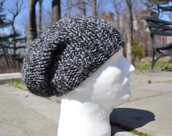 Black and Gray Knit Hat - Wool Ribbed Slouchy Knit Hat - Unisex Marled Hat - Men's or Women's Hat
