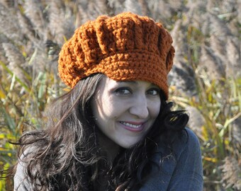 Pumpkin Crocheted Newsboy Hat - Women's Accessories - Orange Crochet Hat Women and Teens