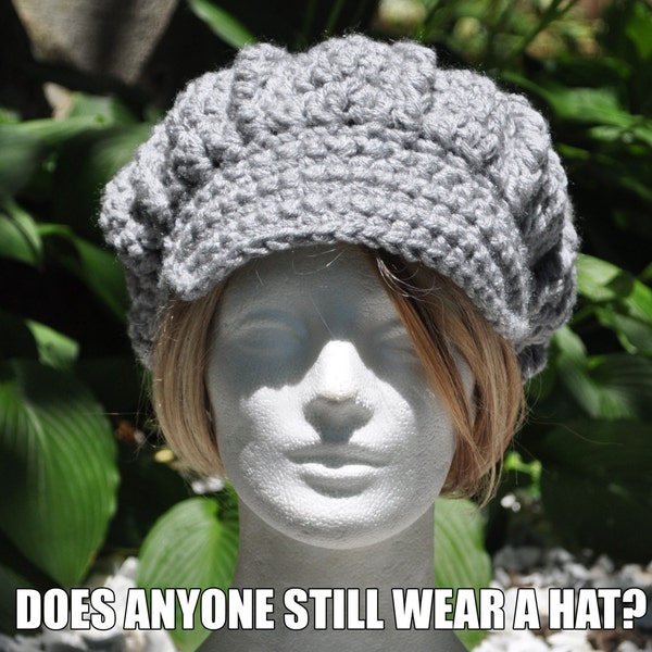 Silver Heather Crochet Newsboy Hat - Woman's Hat with Brim - Light Gray Hat for Women