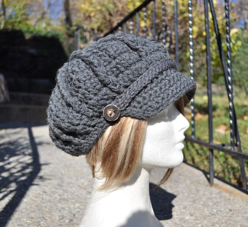 Charcoal Gray Crochet Newsboy Hat Gray Crochet Hat With Brim - Etsy