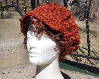 Dark Orange Newsboy Hat - Crocheted Hat in Wool Acrylic Blend - Women's Hat with Brim for Winter