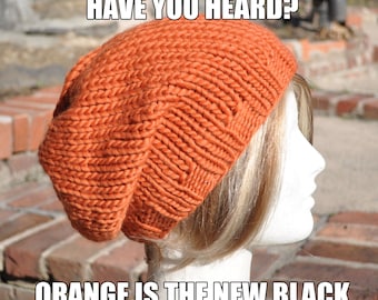 Pumpkin Orange Knit Hat - Wool Ribbed Knit Slouchy Hat - Unisex Slouchy Beanie