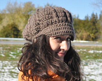 Taupe Newsboy Hat - Crocheted Hat with Brim - Winter Accessories - Taupe Hat