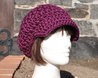 Dark Magenta Crochet Newsboy Hat - With Brim - 50/50 Wool/Acrylic Blend - Winter Accessories