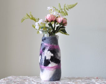 Wet Felted Lavender, Black and Gray Glass Vase made from Starbucks bottle - Repurposed, Upcycled, Merino Wool and Glass Jar - One of a kind