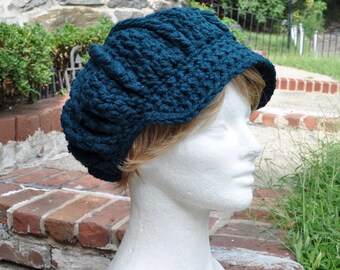 Deep Blue Newsboy Hat - Crocheted Women's Hat with Brim - Winter and Fall Accessories - Dark Blue Hat - New Color