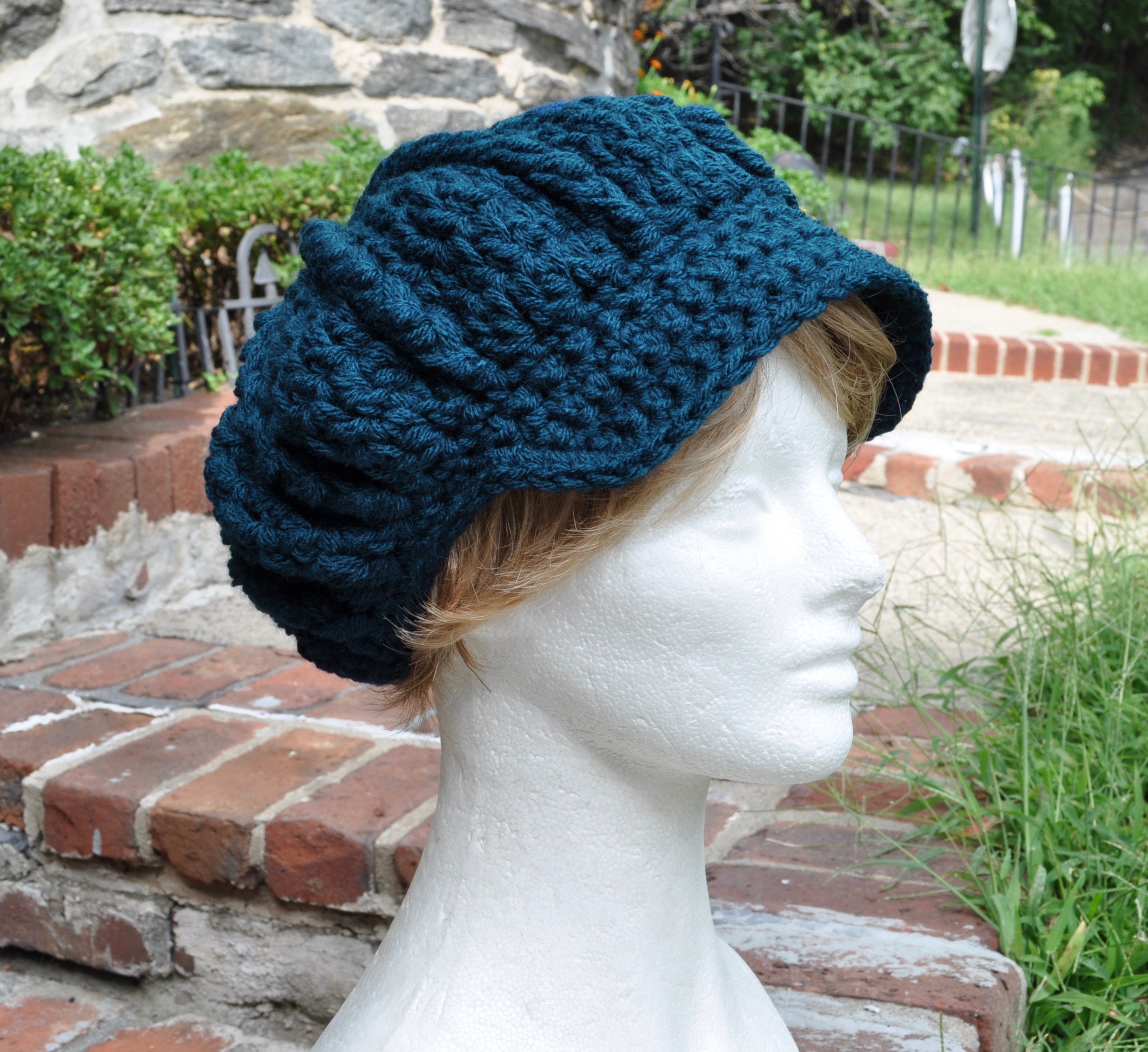 Deep Blue Newsboy Hat Crocheted Women s Hat With Brim Winter and