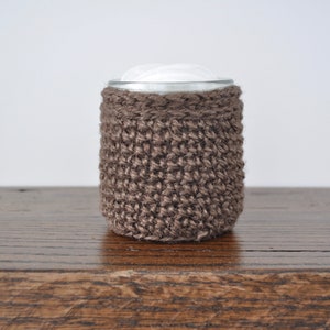 Glass Jar with Jute Twine Crochet Cozy Bathroom Accessory Farmhouse decor Housewarming Gift Upcycled Ecofriendly Q-Tips Succulents Brown