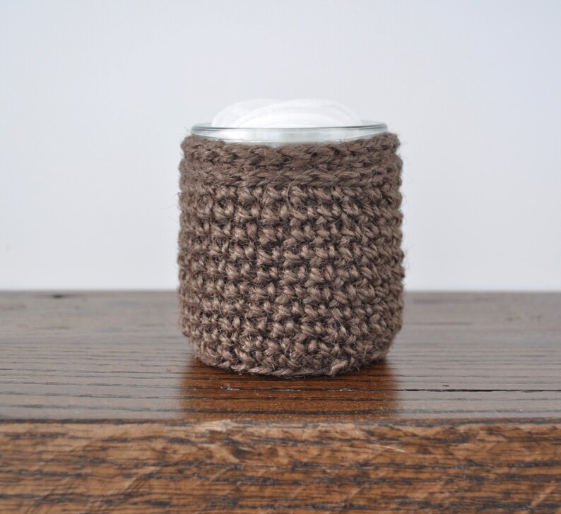 Glass Jar with Jute Twine Crochet Cozy Bathroom Accessory Farmhouse decor Housewarming Gift Upcycled Ecofriendly Q-Tips Succulents Brown